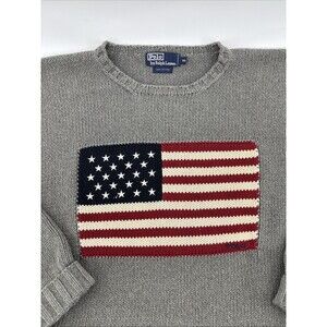 Vintage 90s Polo Ralph Lauren USA Flag Heavy Cotton Knit Sweater Grey Rare RL